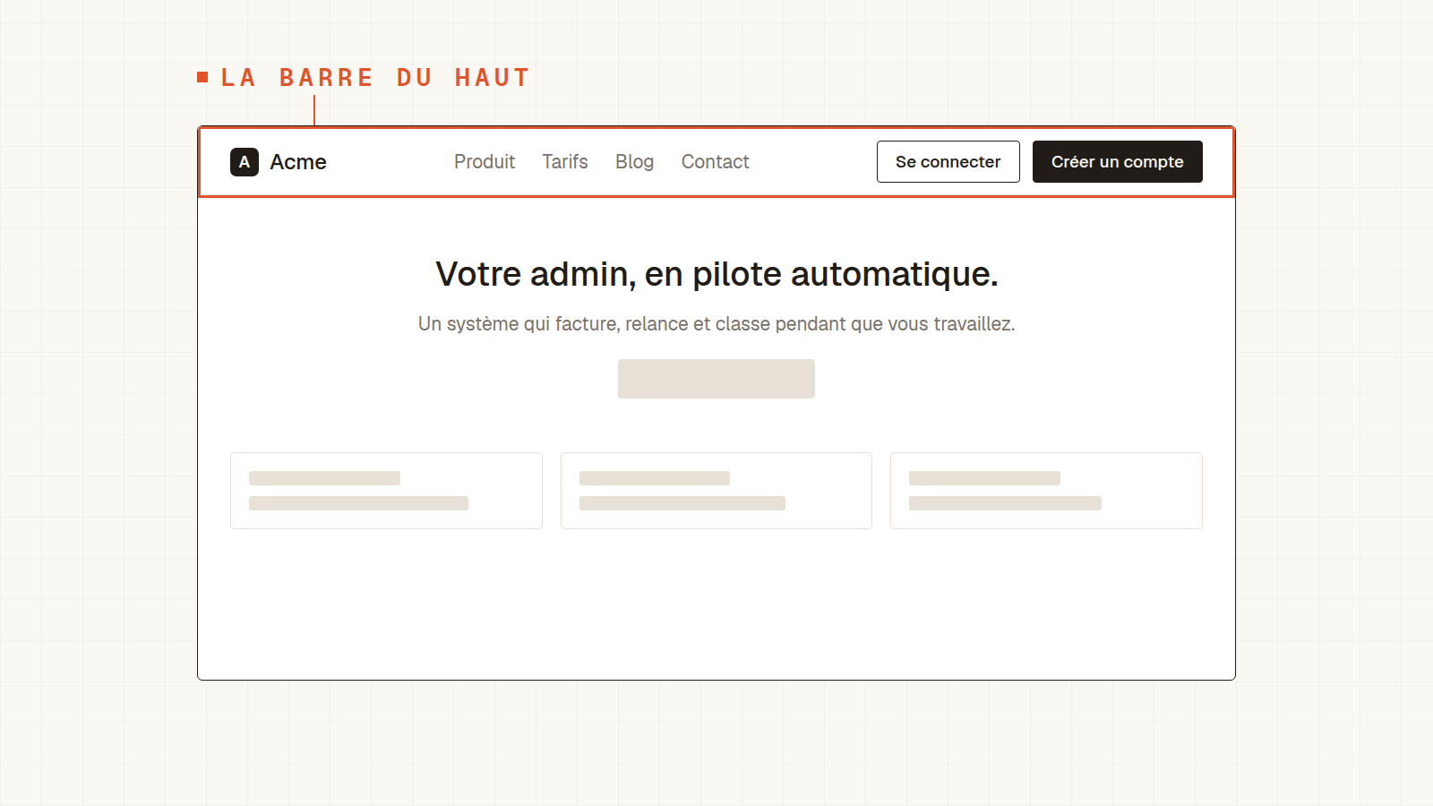 Page publique avec une barre du haut : logo à gauche, liens au centre, boutons Se connecter et Créer un compte à droite