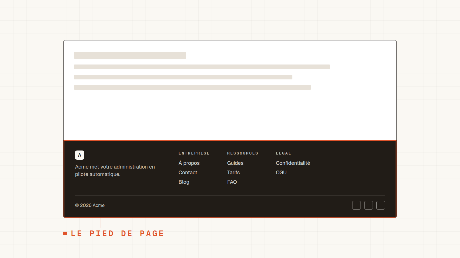 Pied de page sombre avec colonnes Entreprise, Ressources, Légal, logo et description, icônes réseaux sociaux et copyright