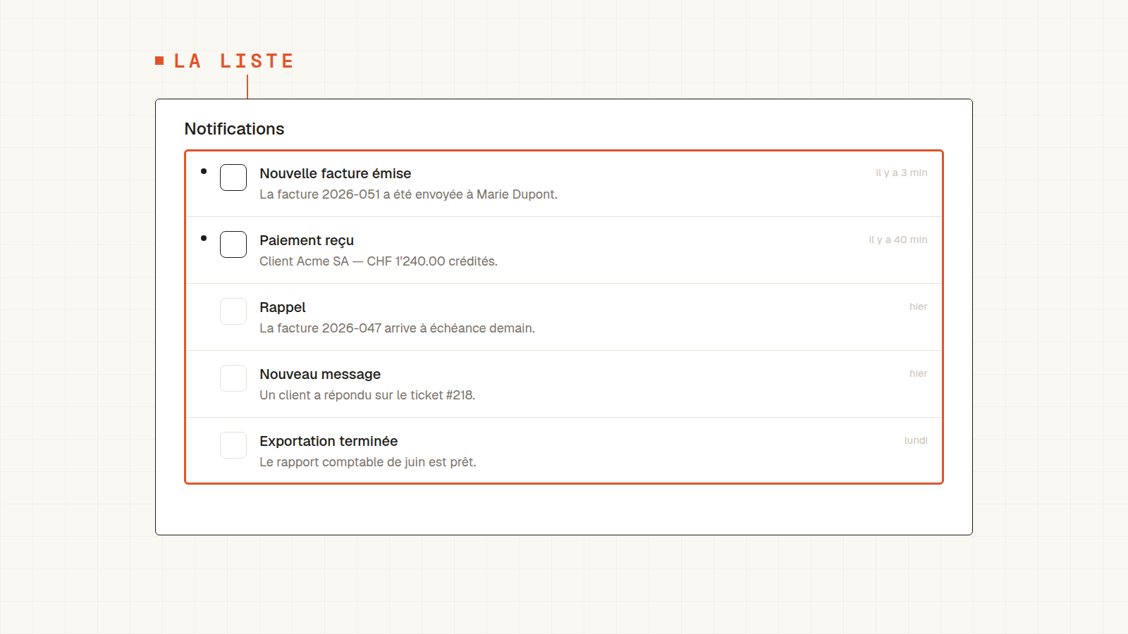 Liste de notifications avec icône, titre, description courte et horodatage, deux non-lues marquées d'un point