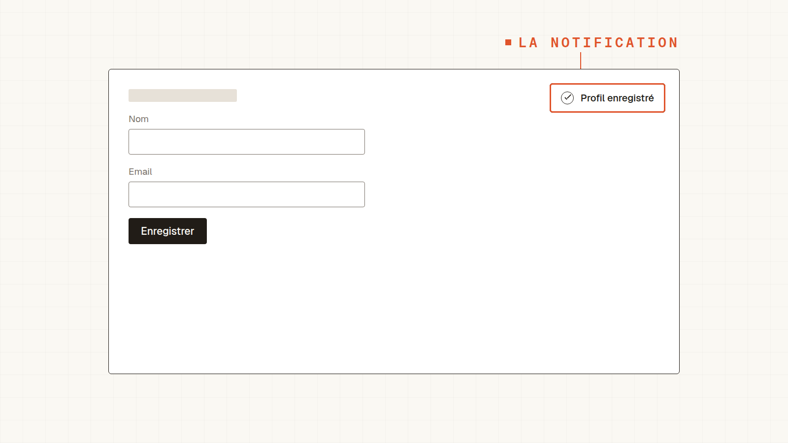 Toast de succès Profil enregistré apparaissant en haut à droite après un enregistrement