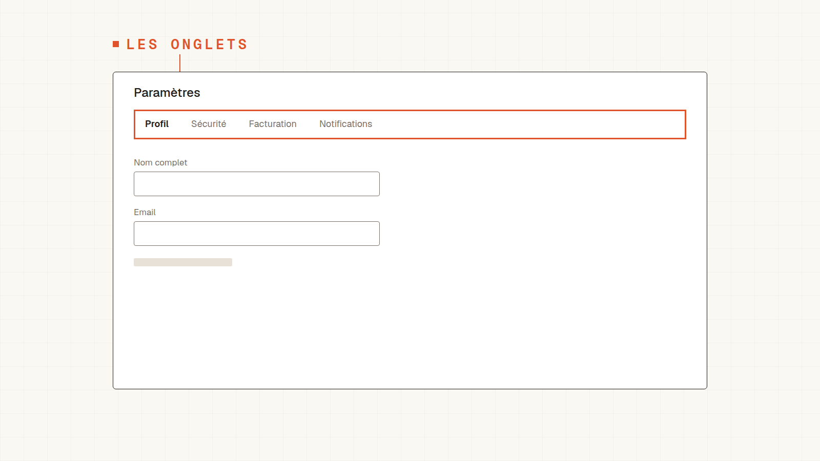 Page Paramètres avec 4 onglets (Profil actif, Sécurité, Facturation, Notifications), formulaire de profil en dessous