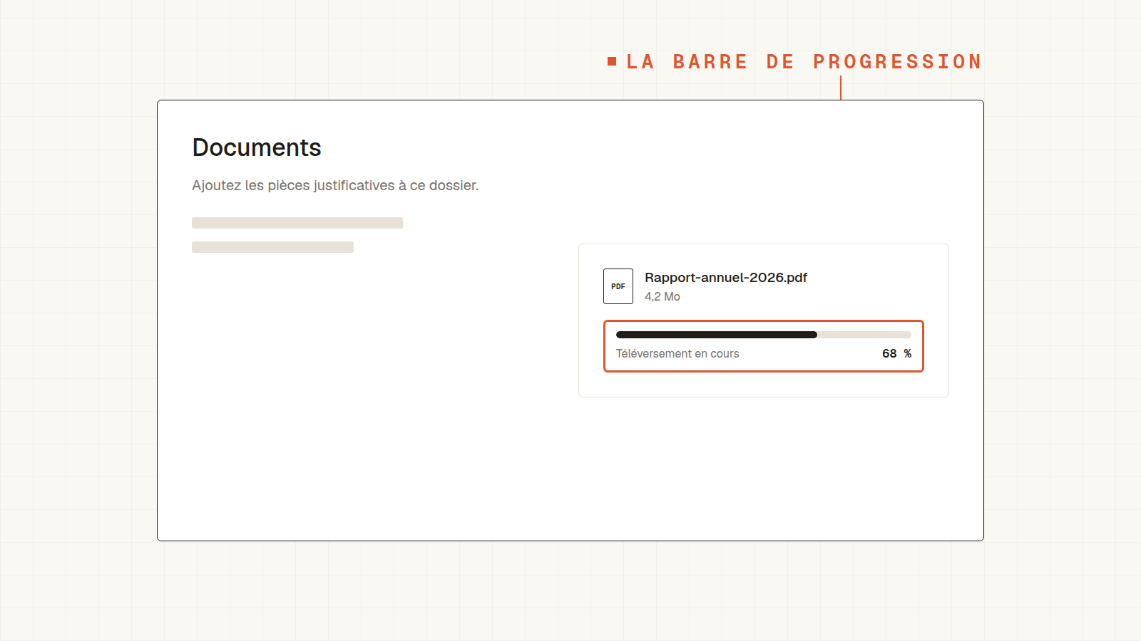 Téléversement d'un PDF avec une barre remplie à 68%, montrant le fichier, sa taille et le pourcentage