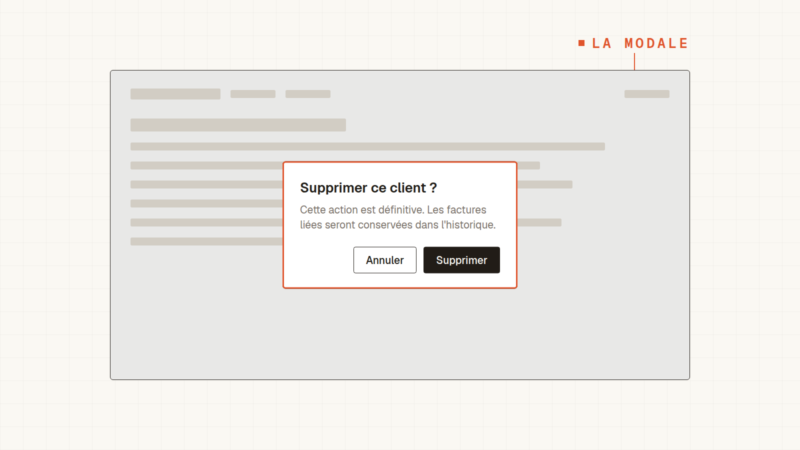 Fenêtre modale de confirmation de suppression avec voile léger sur la page