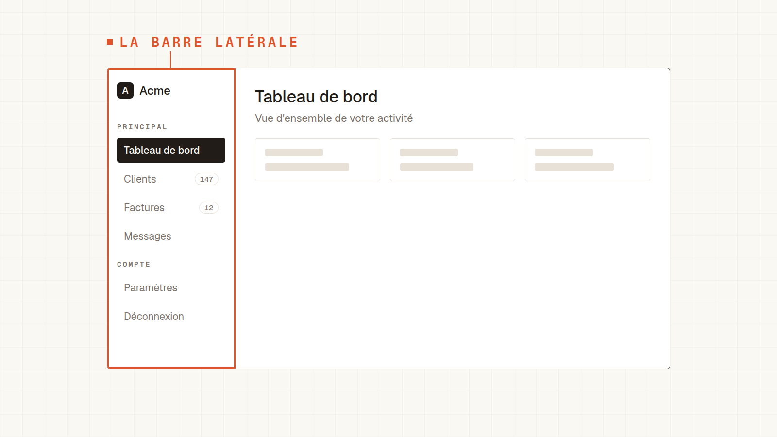 Application avec une barre latérale à gauche : Tableau de bord (actif), Clients, Factures, Messages, Paramètres, Déconnexion