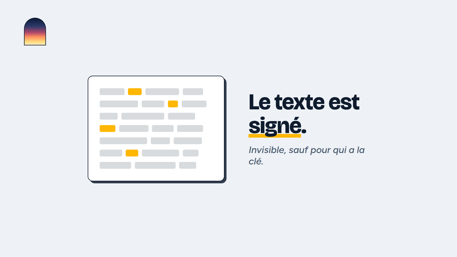 Une page de texte en barres grises où quelques segments jaunes dessinent un motif caché. À droite : « Le texte est signé », signé souligné de jaune, et « invisible, sauf pour qui a la clé ».