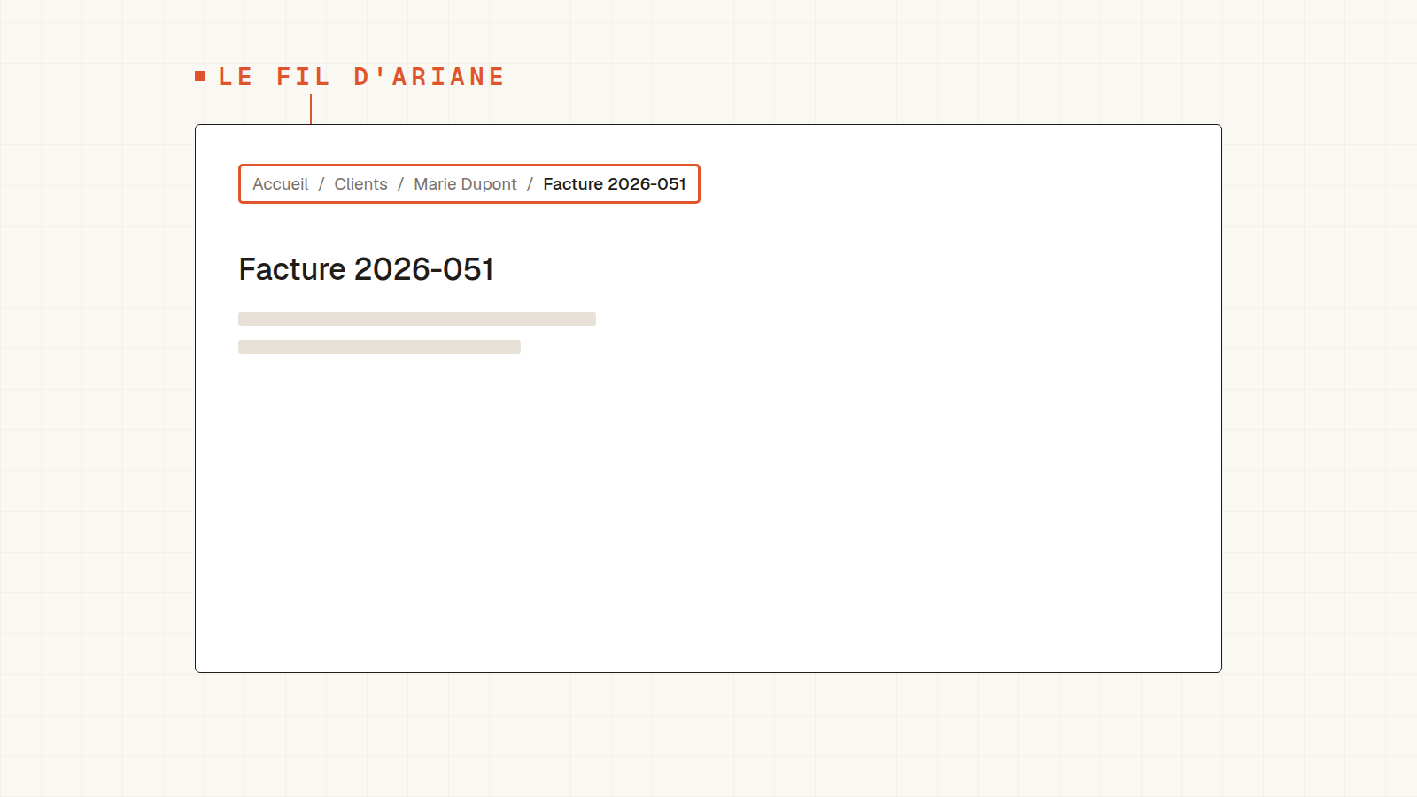 Fil d'Ariane indiquant la position : Accueil / Clients / Marie Dupont / Facture 2026-051