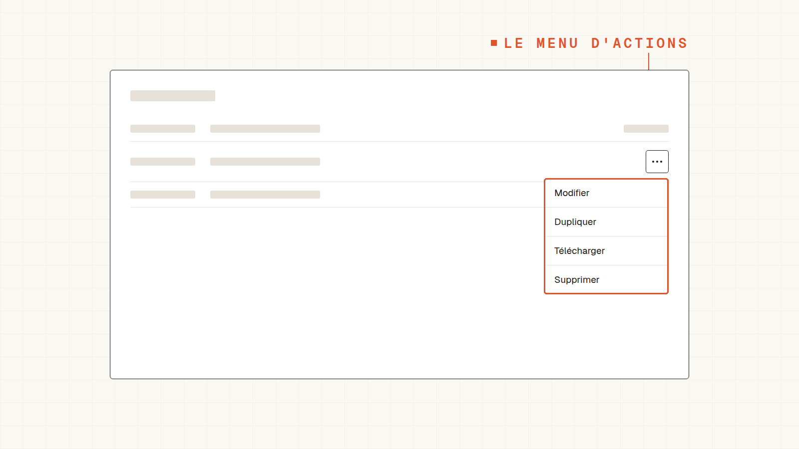 Menu d'actions ouvert sur une ligne de tableau, avec Modifier, Dupliquer, Télécharger et Supprimer