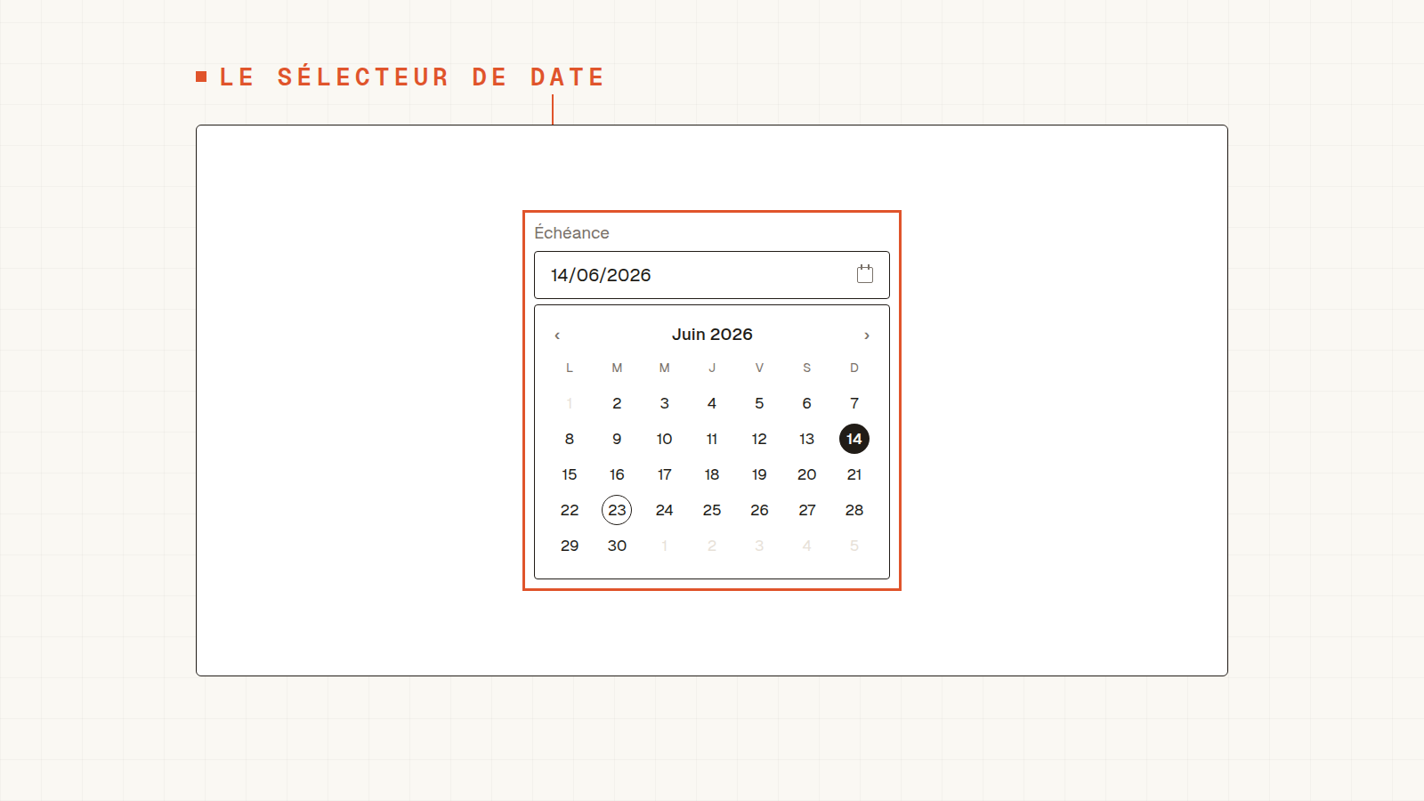 Champ avec valeur 14/06/2026 et calendrier ouvert sur juin 2026, le 14 sélectionné, le 23 (aujourd'hui) entouré