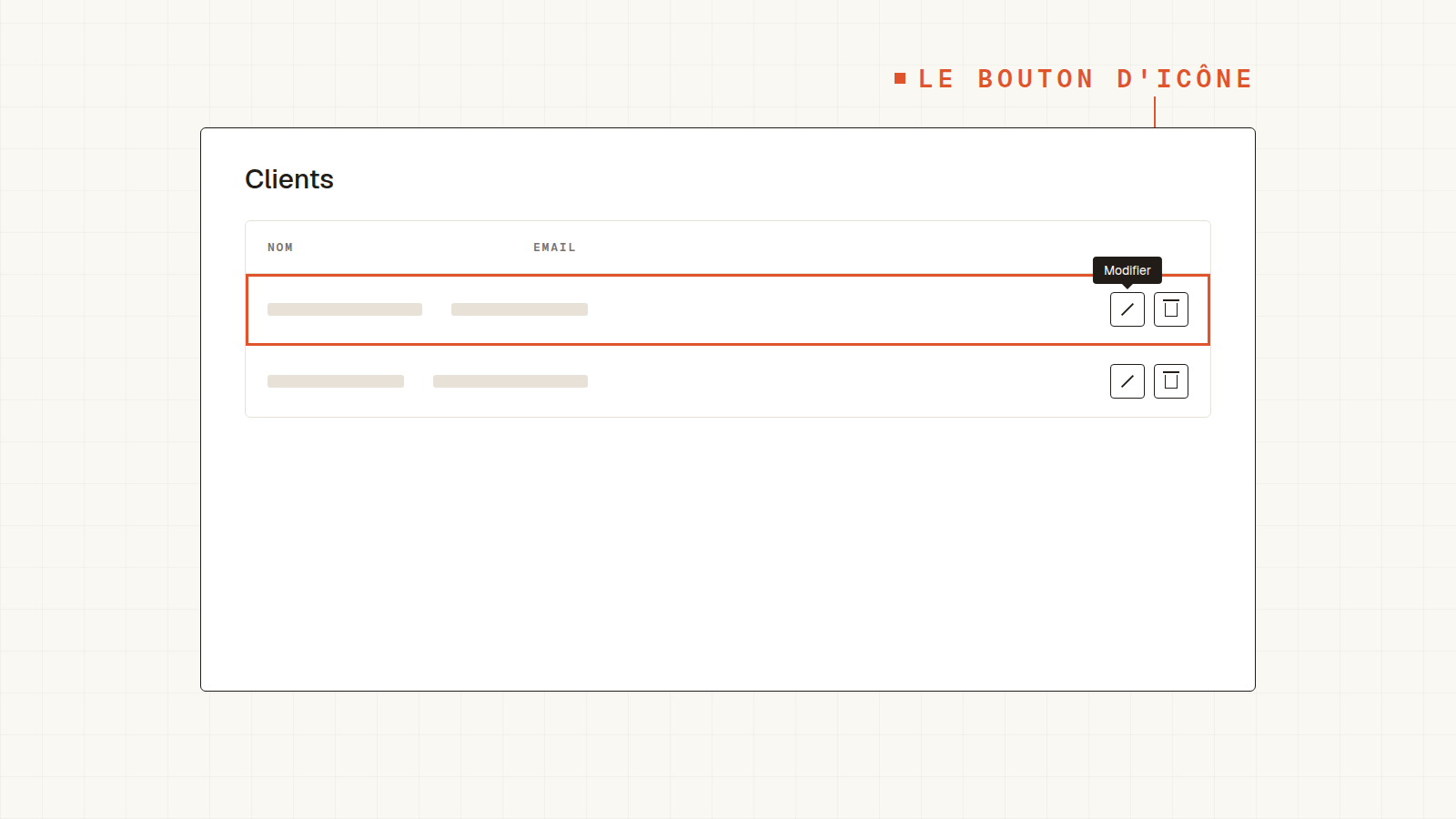 Tableau avec deux boutons d'icône par ligne (crayon Modifier et poubelle Supprimer), infobulle Modifier visible au survol