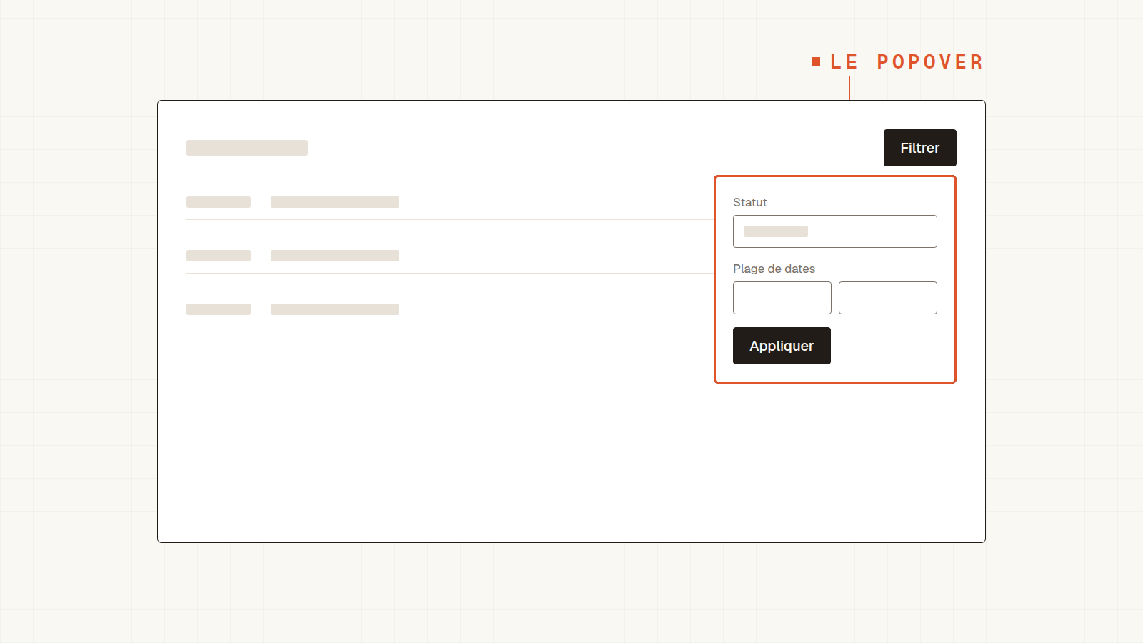 Popover de filtres ouvert au clic sur un bouton, avec sélection de statut et plage de dates