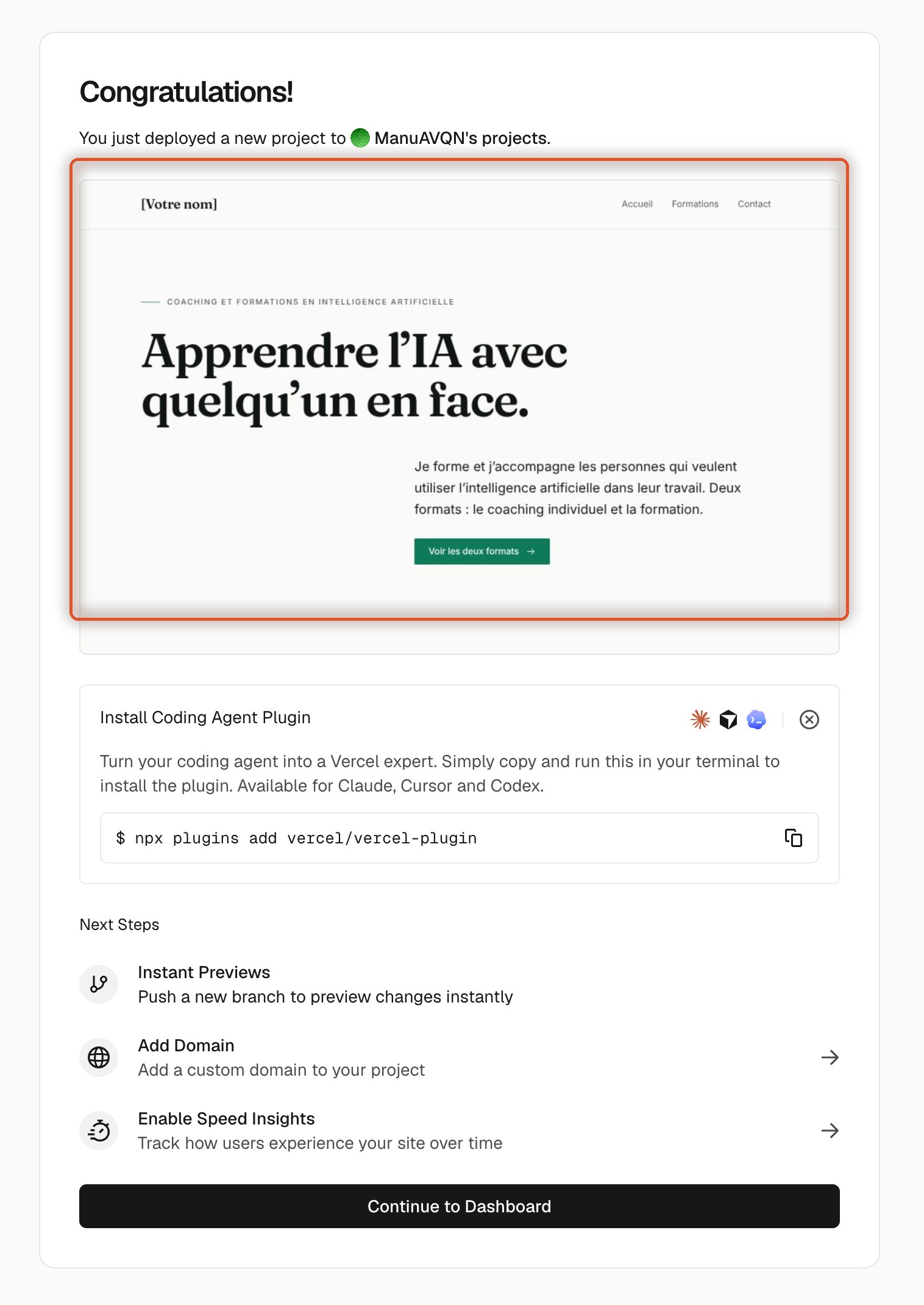 Écran de succès Vercel avec l'aperçu du site déployé