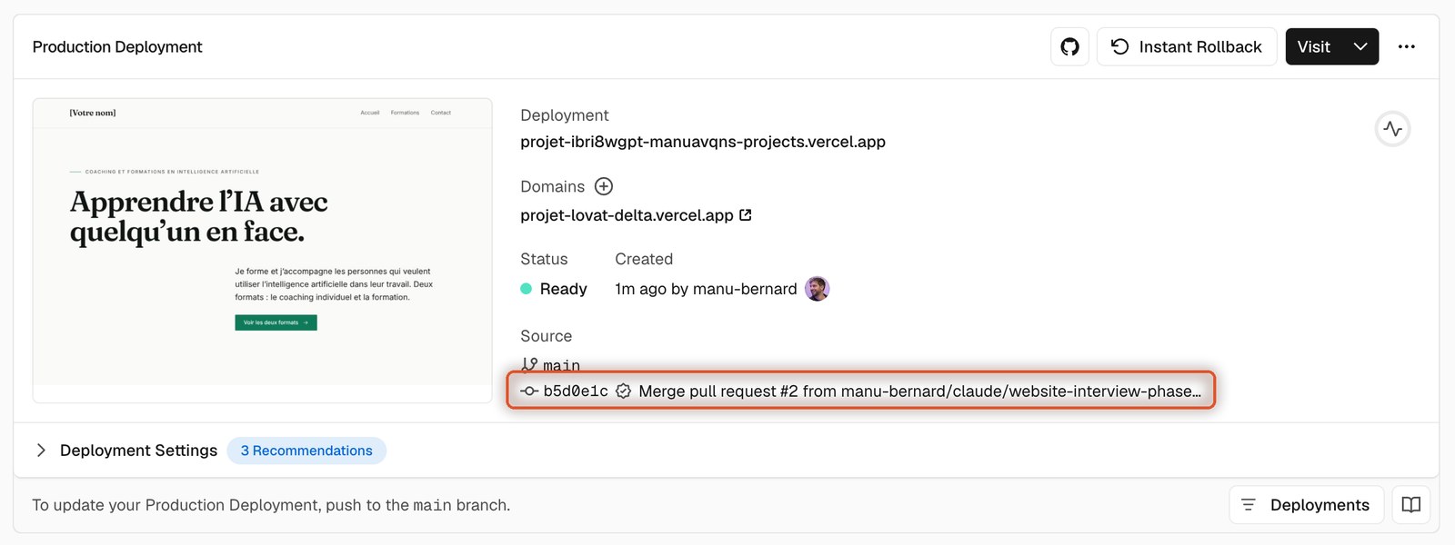 Écran Production Deployment de Vercel, la ligne Source indiquant la fusion de la Pull Request numéro 2