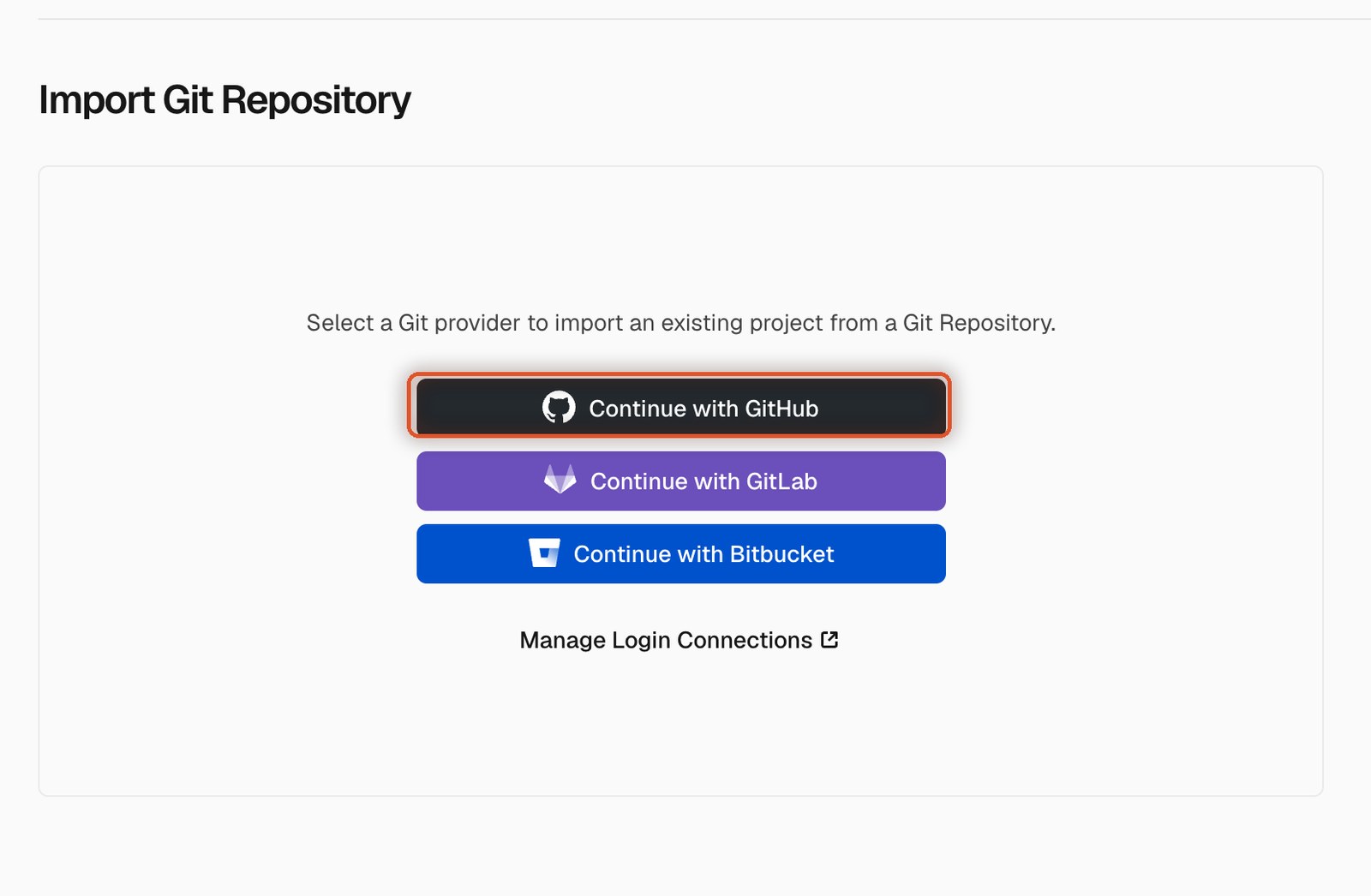 Écran Import Git Repository de Vercel, le bouton Continue with GitHub entouré