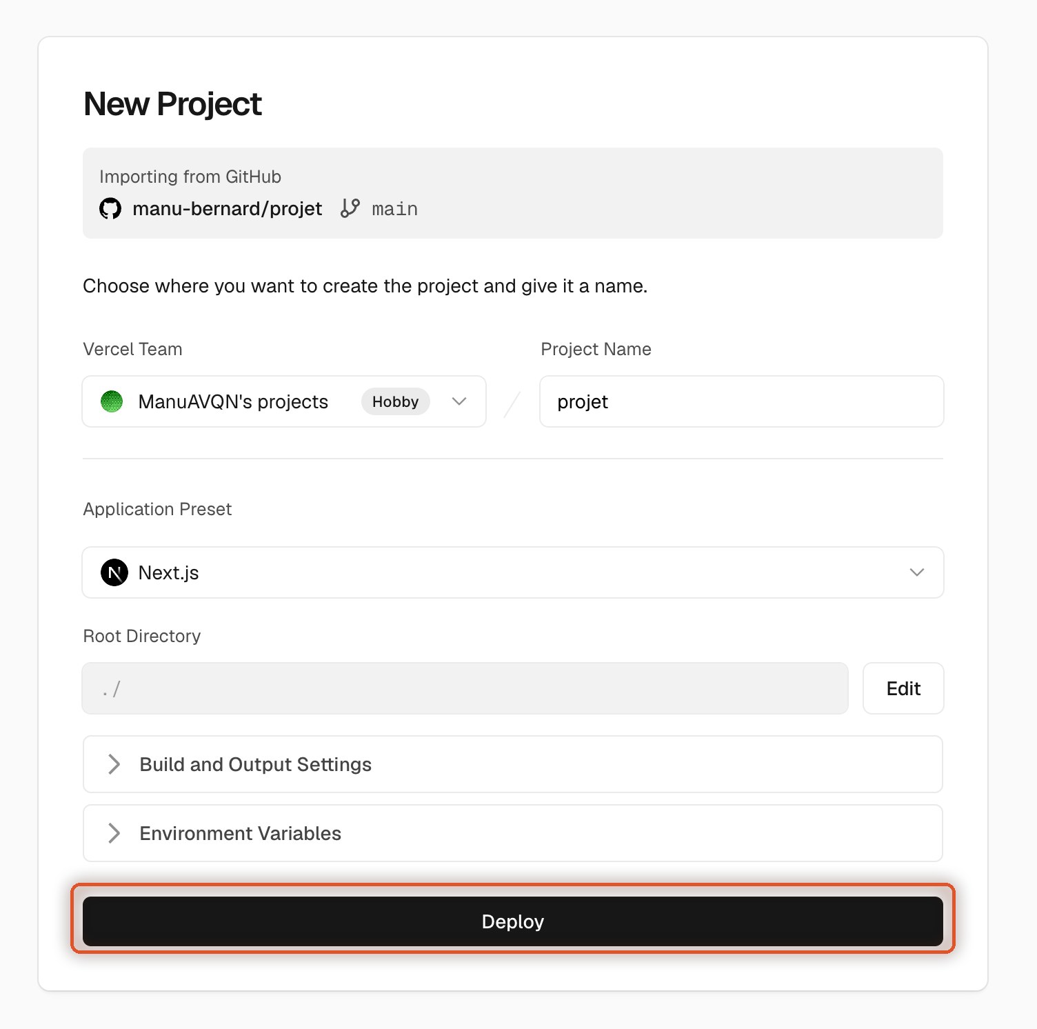 Écran New Project de Vercel, Next.js détecté en Application Preset, le bouton Deploy entouré