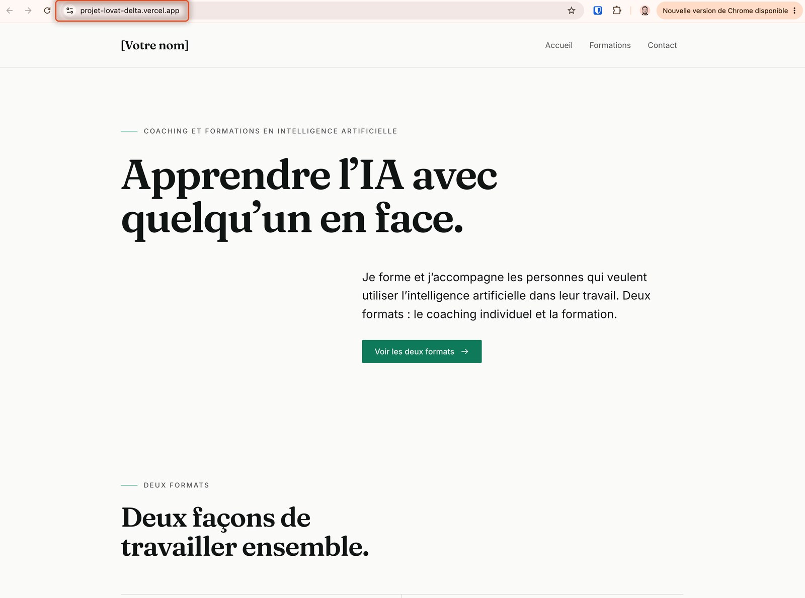 Le site publié, ouvert dans le navigateur à son adresse en vercel.app
