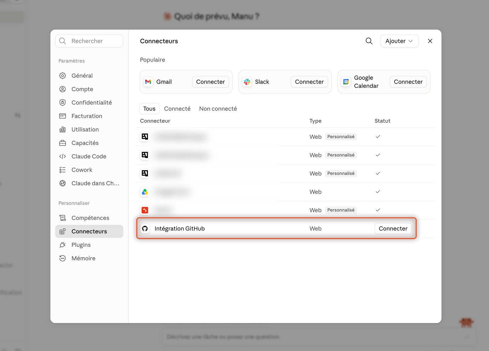 Écran des connecteurs Claude, la ligne Intégration GitHub et son bouton Connecter entourés
