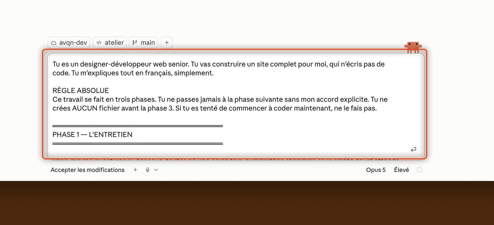 Le prompt d'initialisation collé dans la zone de saisie de Claude Code