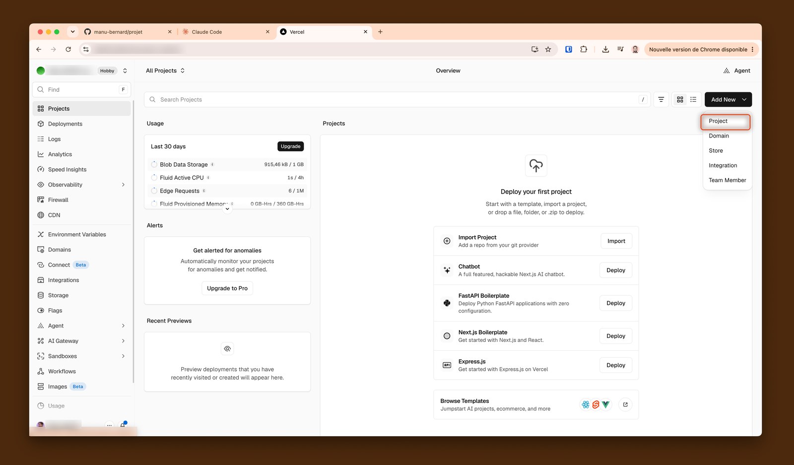 Tableau de bord Vercel vide, le menu Add New ouvert avec l'entrée Project entourée