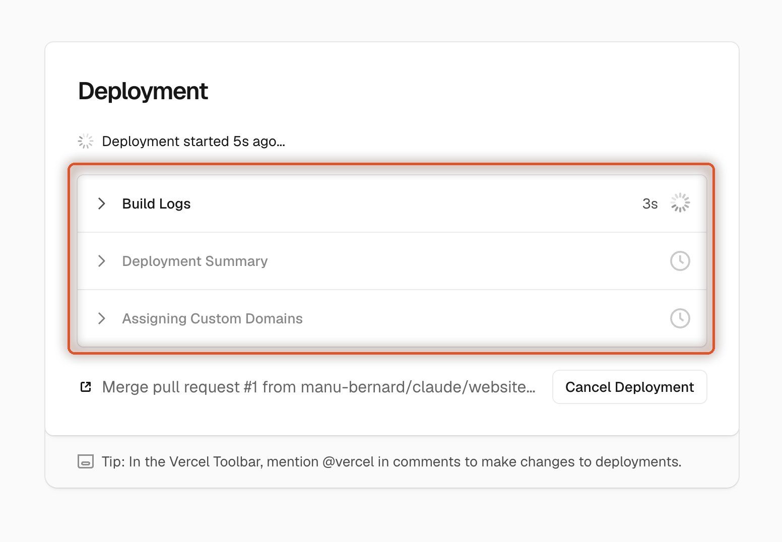 Écran de déploiement Vercel avec les Build Logs en cours