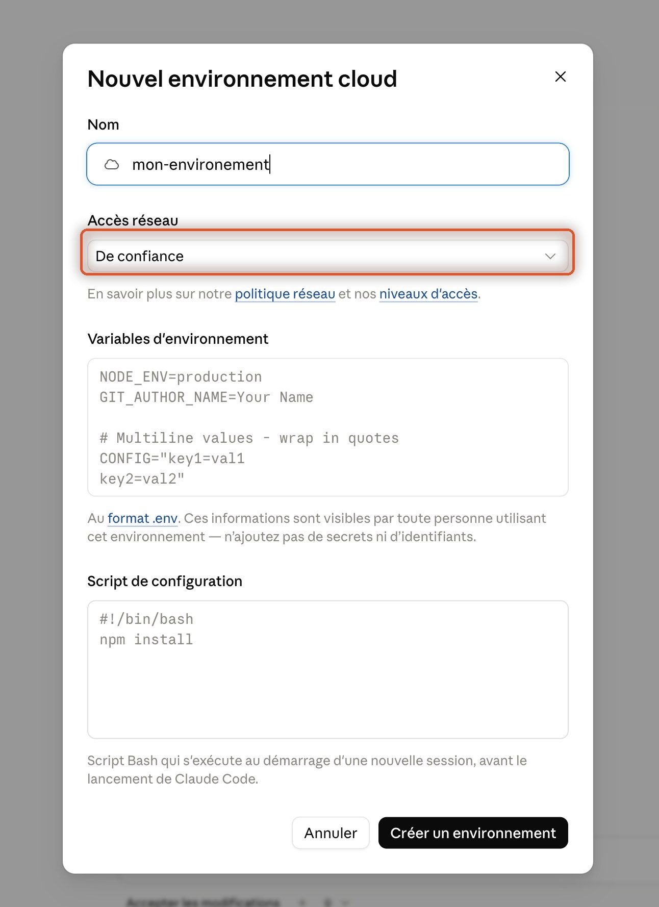 Fenêtre Nouvel environnement cloud, le champ Accès réseau réglé sur De confiance entouré