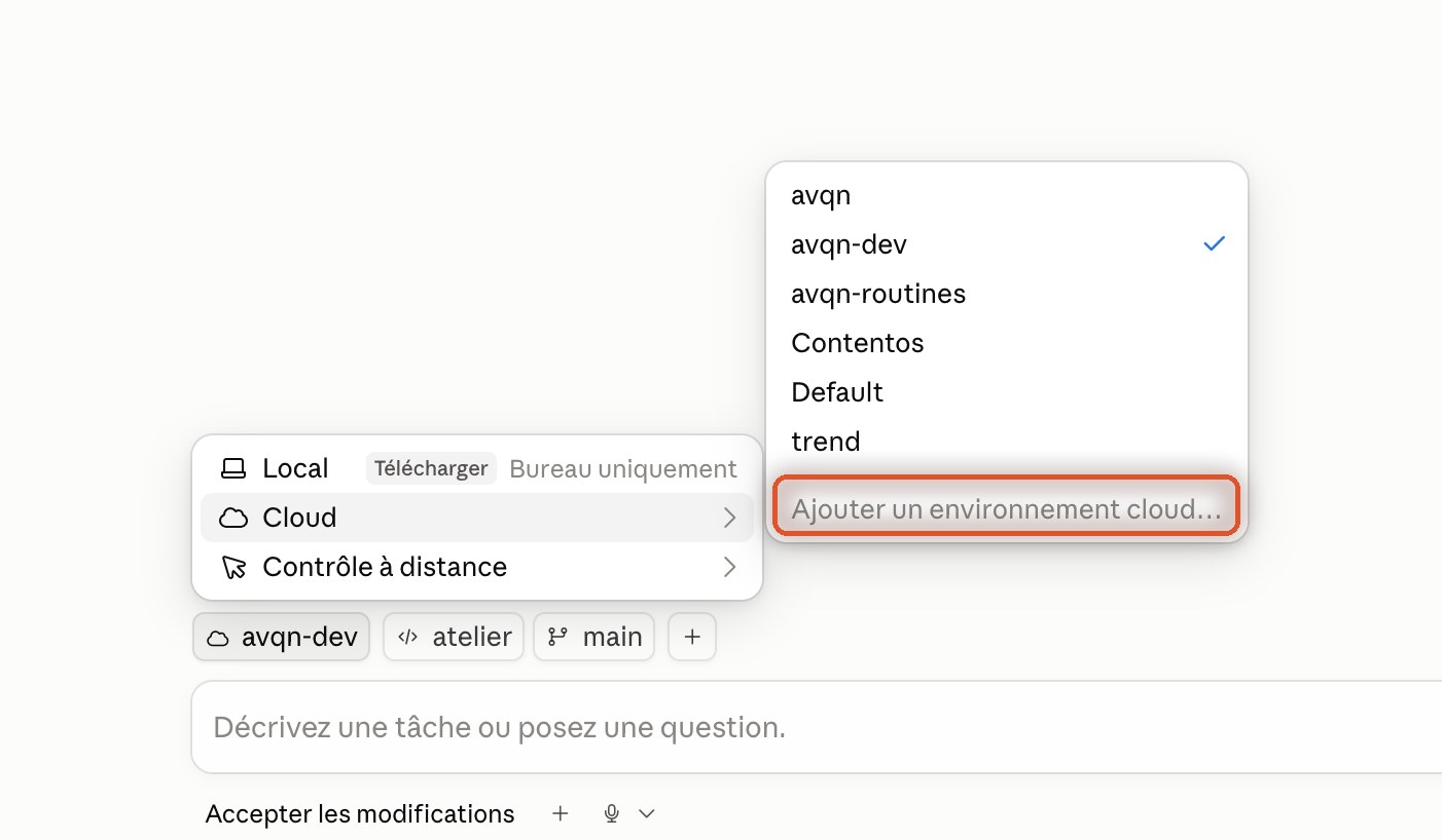 Menu des environnements Claude Code ouvert, l'entrée Ajouter un environnement cloud entourée