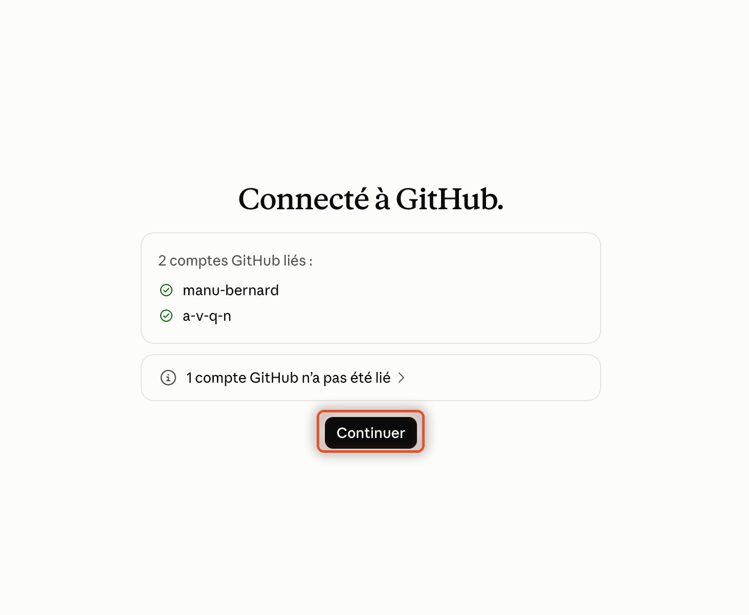 Écran de confirmation Connecté à GitHub, le bouton Continuer entouré