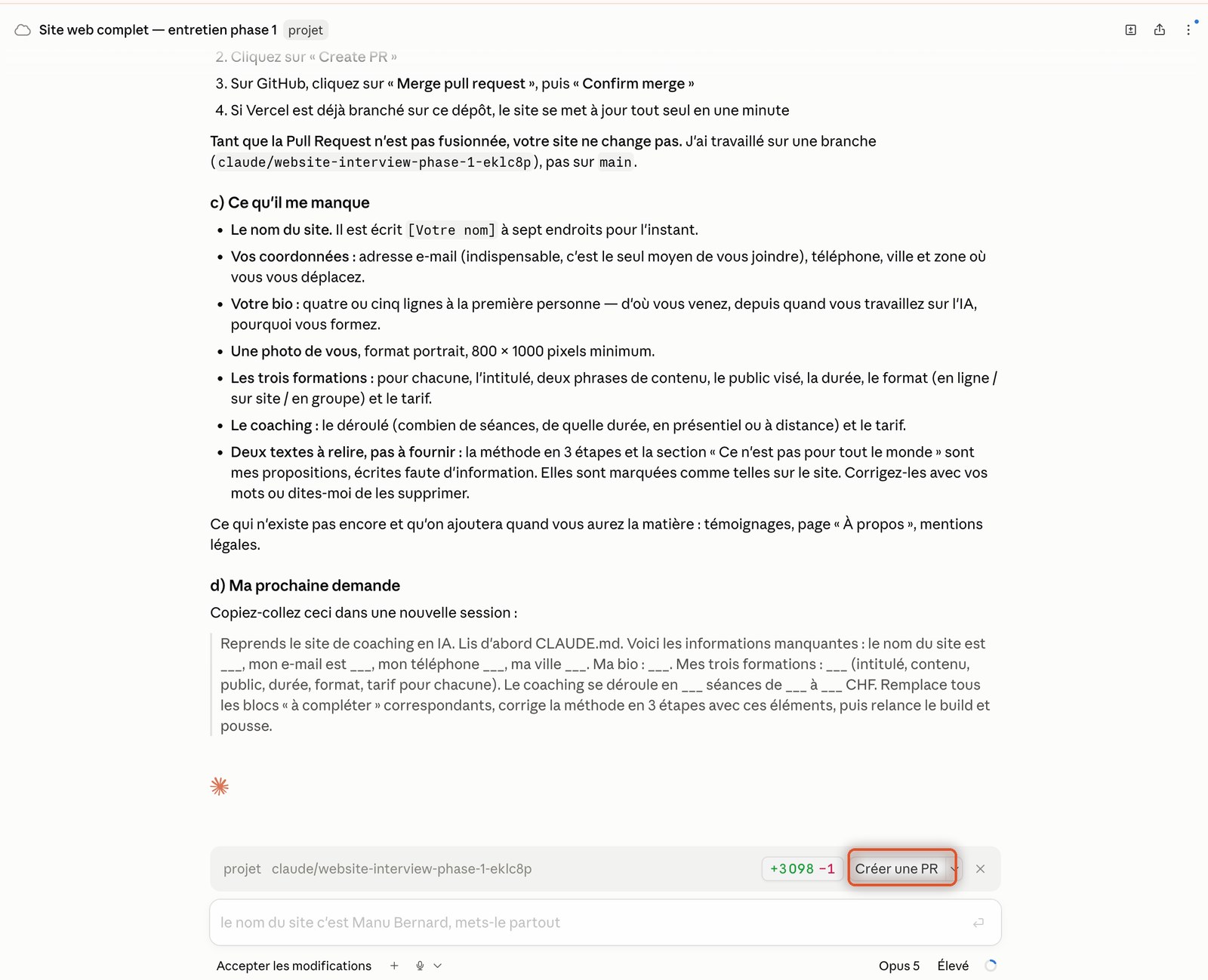 Barre de session Claude Code avec l'indicateur de modifications et le bouton Créer une PR entouré