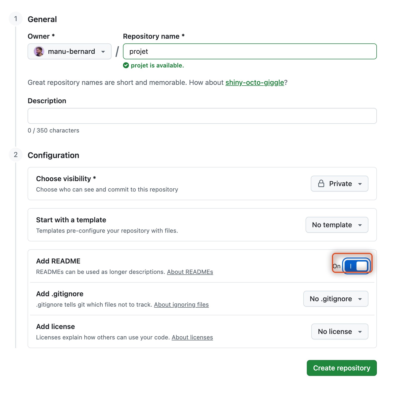 Formulaire de création de dépôt GitHub, l'interrupteur Add README sur On entouré