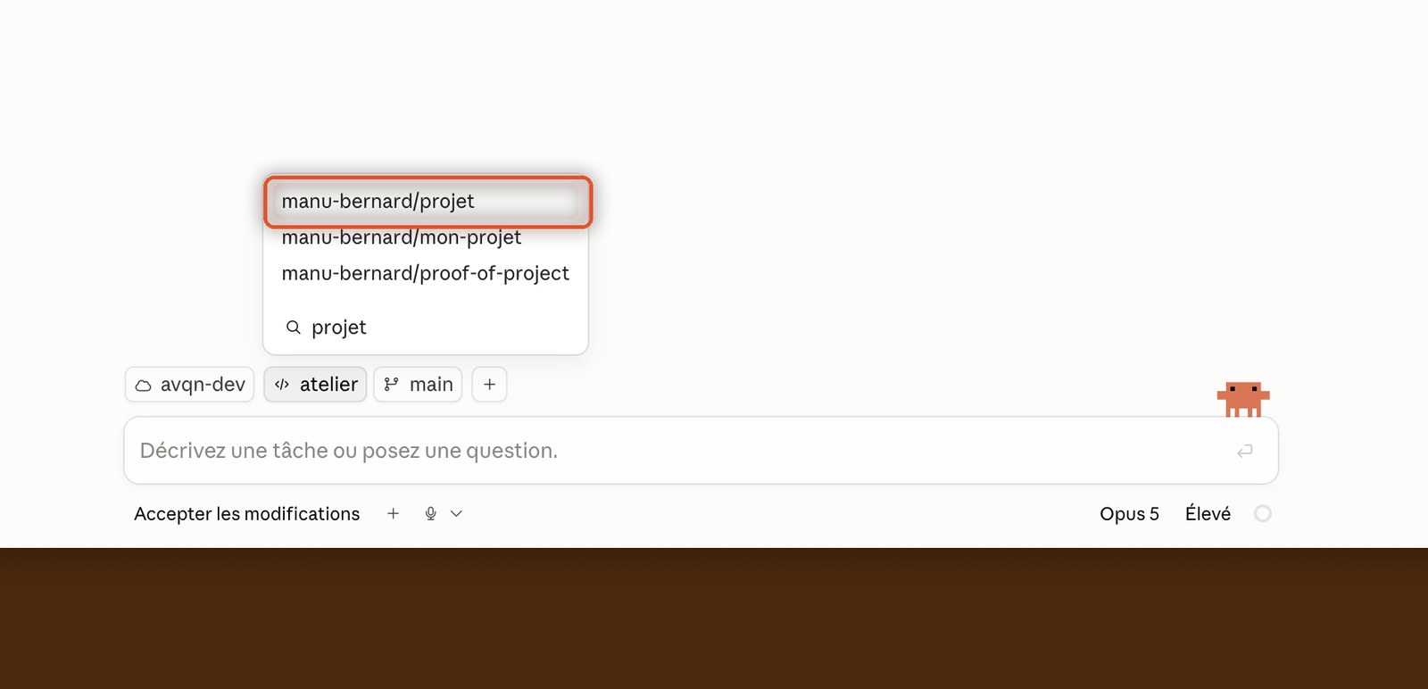 Sélecteur de dépôt ouvert dans Claude Code, le dépôt projet entouré en tête de liste