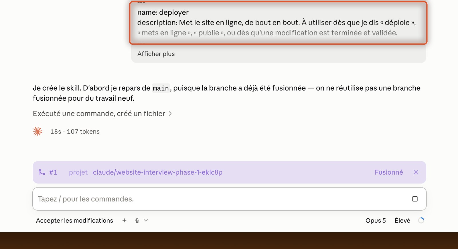 Claude créant le fichier SKILL.md, avec l'en-tête name deployer et sa description