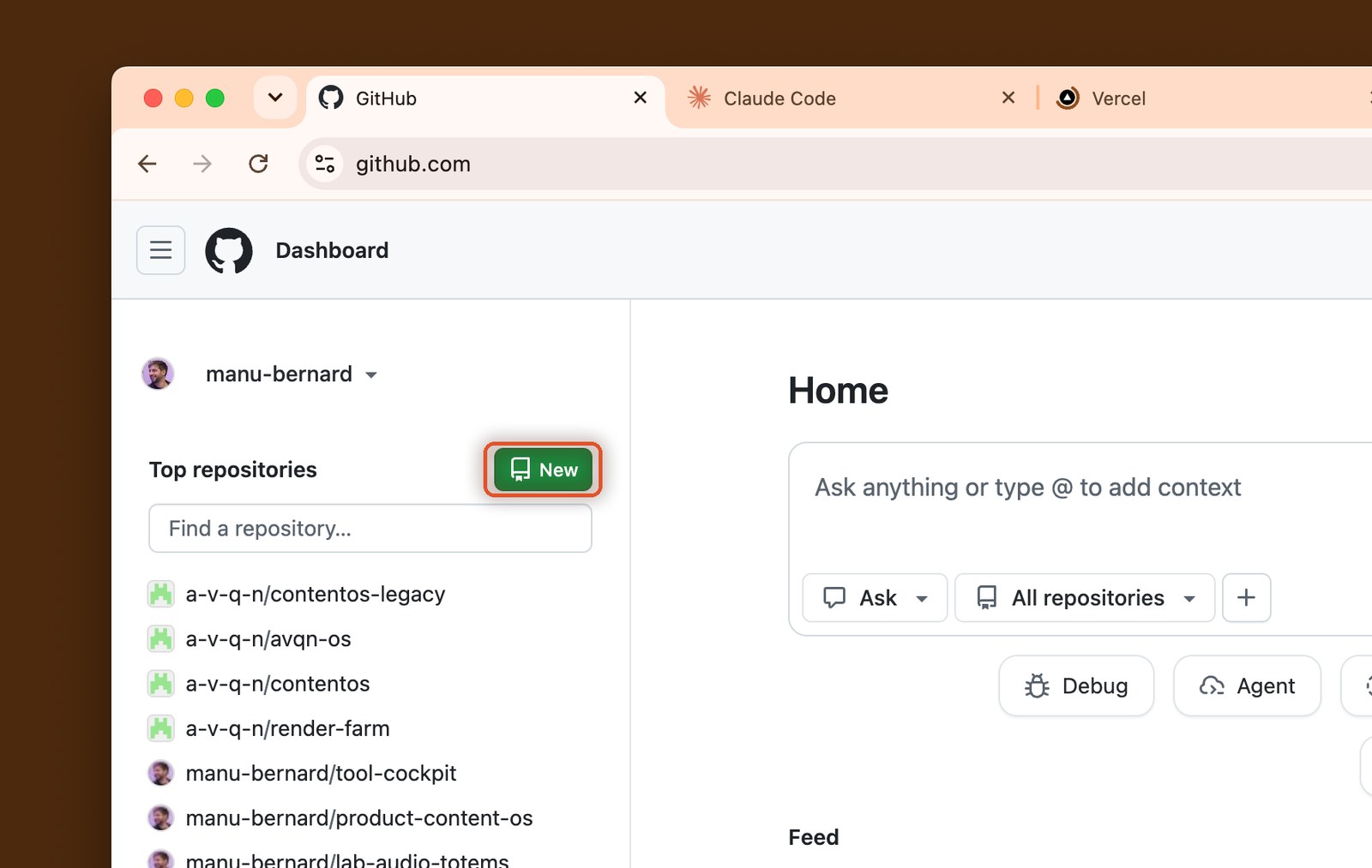 Page d'accueil GitHub, le bouton vert New entouré dans la colonne de gauche